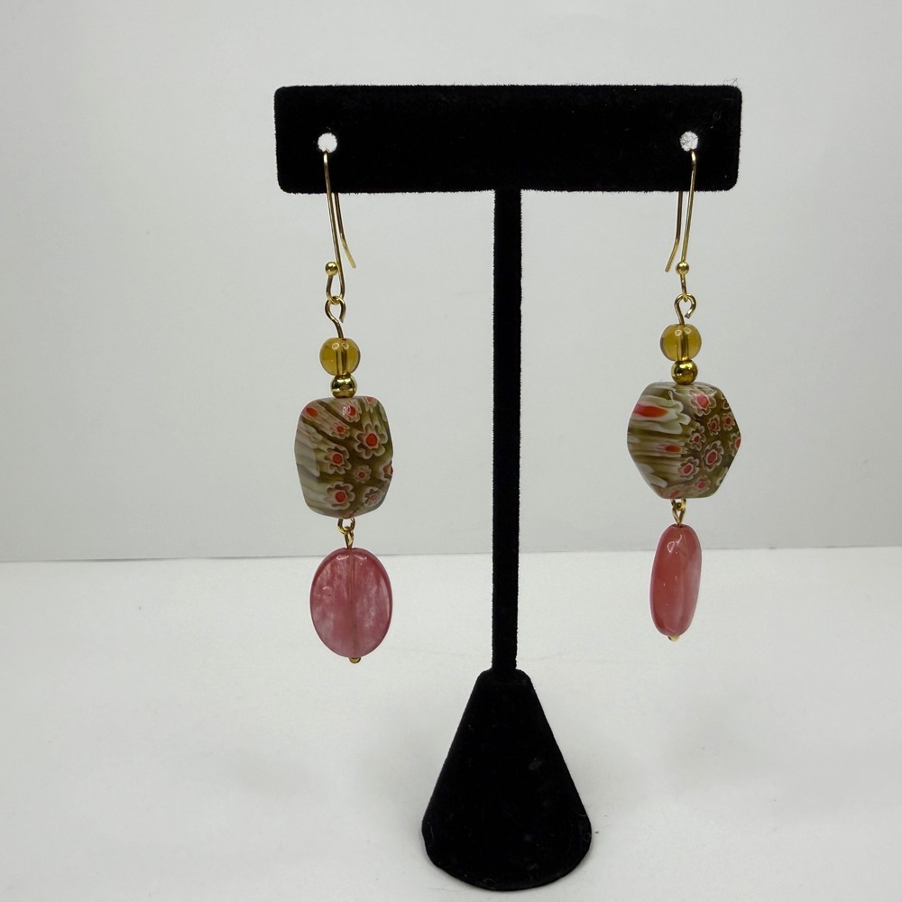 Murano Style Glass Dangle Drop Earrings Bohemian Floral Oval Beads Jewelry 3 in